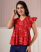 Red Floral Flutter Sleeve Top