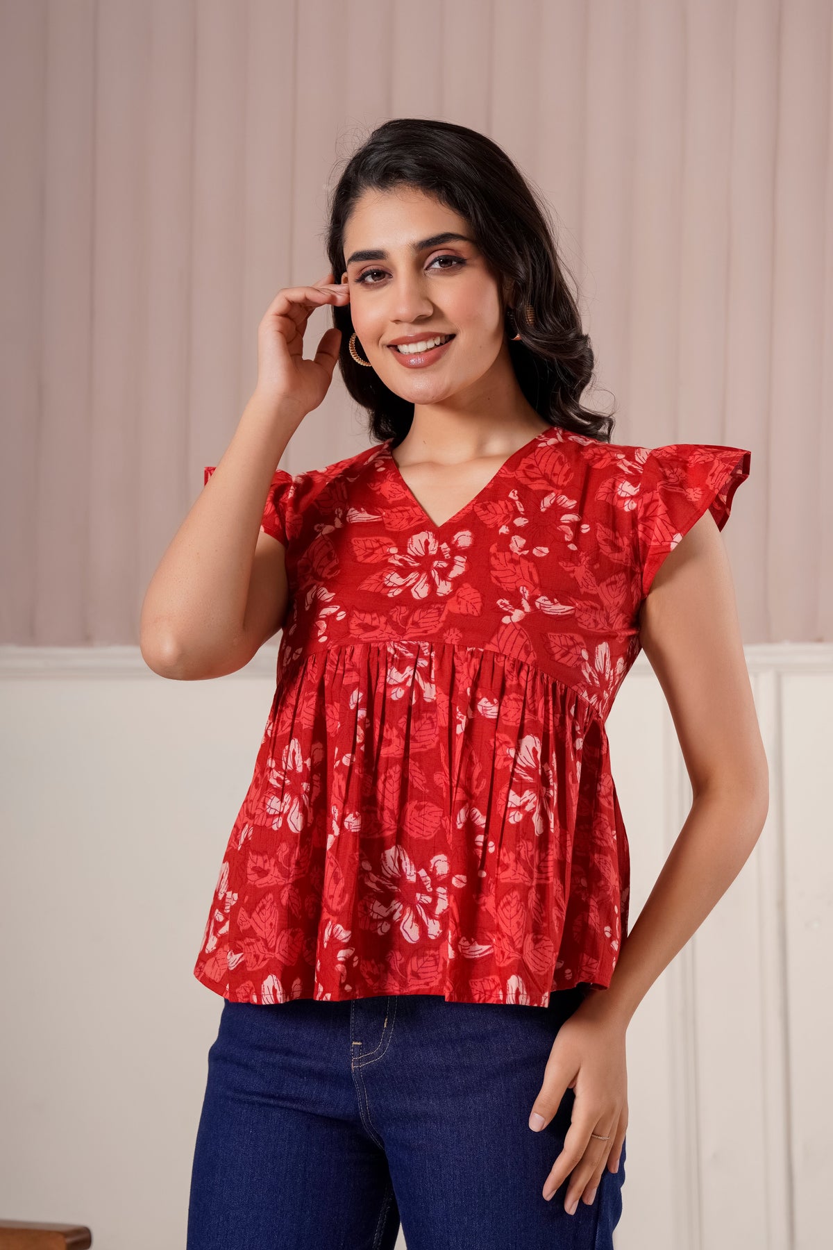 Red Floral Flutter Sleeve Top