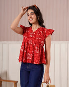 Red Floral Flutter Sleeve Top