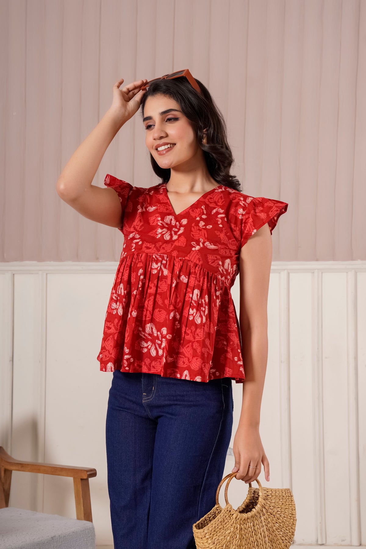 Red Floral Flutter Sleeve Top