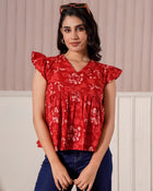 Red Floral Flutter Sleeve Top