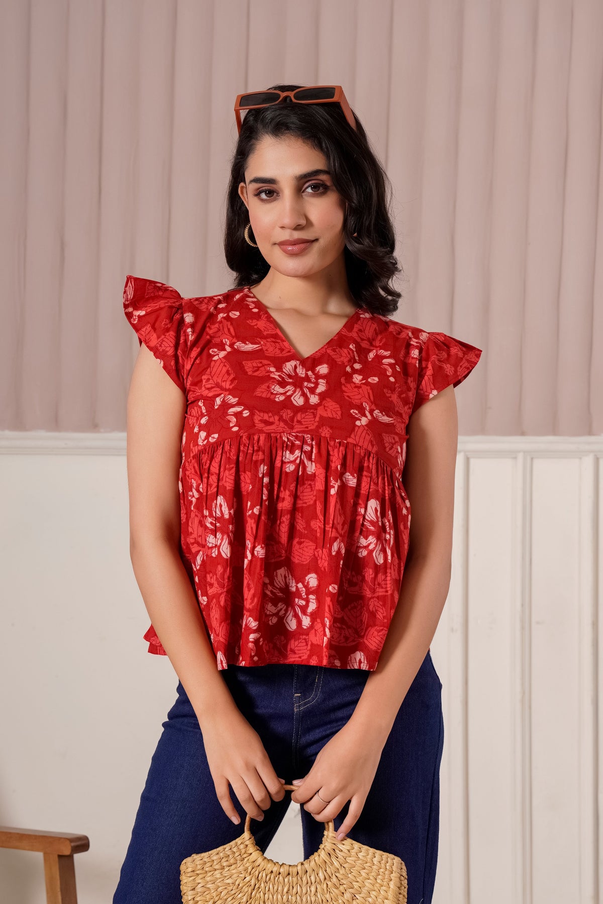 Red Floral Flutter Sleeve Top