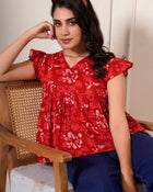 Red Floral Flutter Sleeve Top