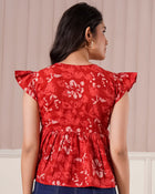 Red Floral Flutter Sleeve Top