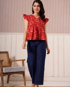 Red Floral Flutter Sleeve Top