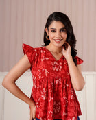 Red Floral Flutter Sleeve Top