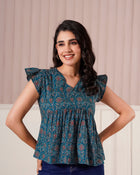 Teal Printed Flutter Sleeve Top