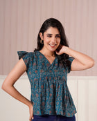 Teal Printed Flutter Sleeve Top