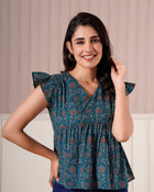 Teal Printed Flutter Sleeve Top
