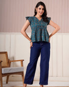 Teal Printed Flutter Sleeve Top