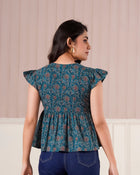 Teal Printed Flutter Sleeve Top
