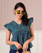 Teal Printed Flutter Sleeve Top