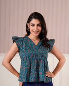 Teal Printed Flutter Sleeve Top