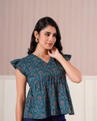 Teal Printed Flutter Sleeve Top