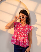 Pink Floral Flutter Sleeve Top