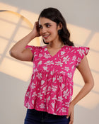 Pink Floral Flutter Sleeve Top