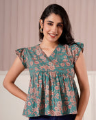 Teal Floral Flutter Sleeve Top
