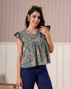 Teal Floral Flutter Sleeve Top
