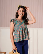 Teal Floral Flutter Sleeve Top