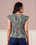Teal Floral Flutter Sleeve Top