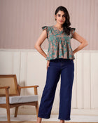 Teal Floral Flutter Sleeve Top