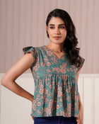 Teal Floral Flutter Sleeve Top