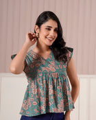 Teal Floral Flutter Sleeve Top