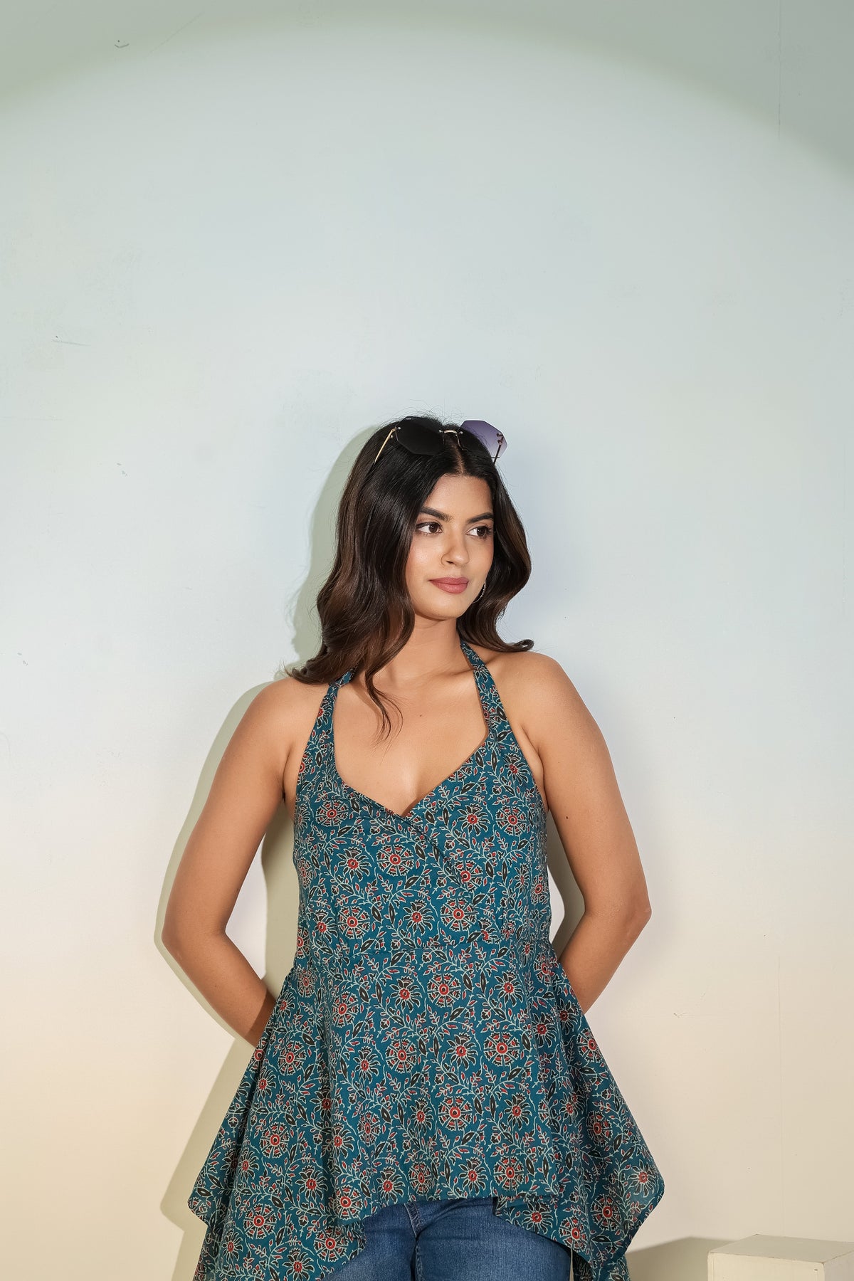 Teal Printed Halter Neck Top