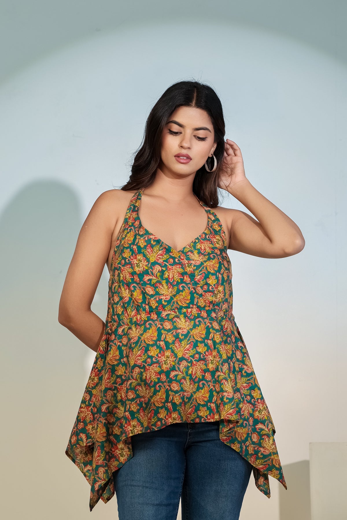 Teal Floral Halter Neck Top