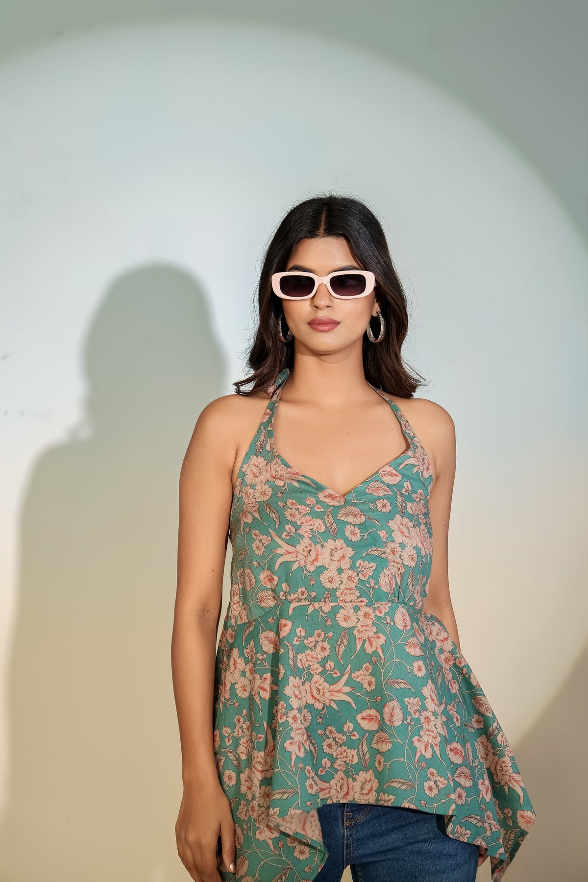 Teal Floral Halter Neck Top