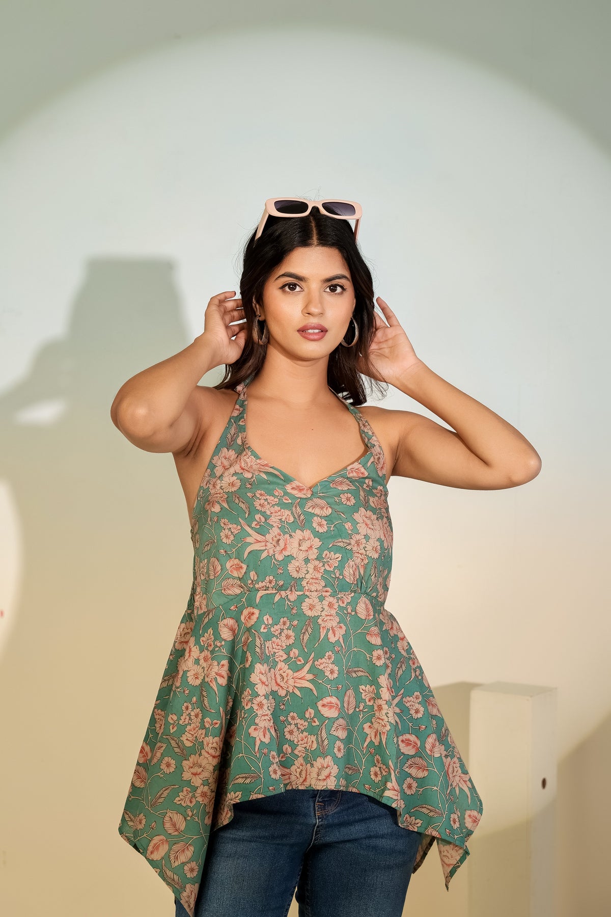 Teal Floral Halter Neck Top