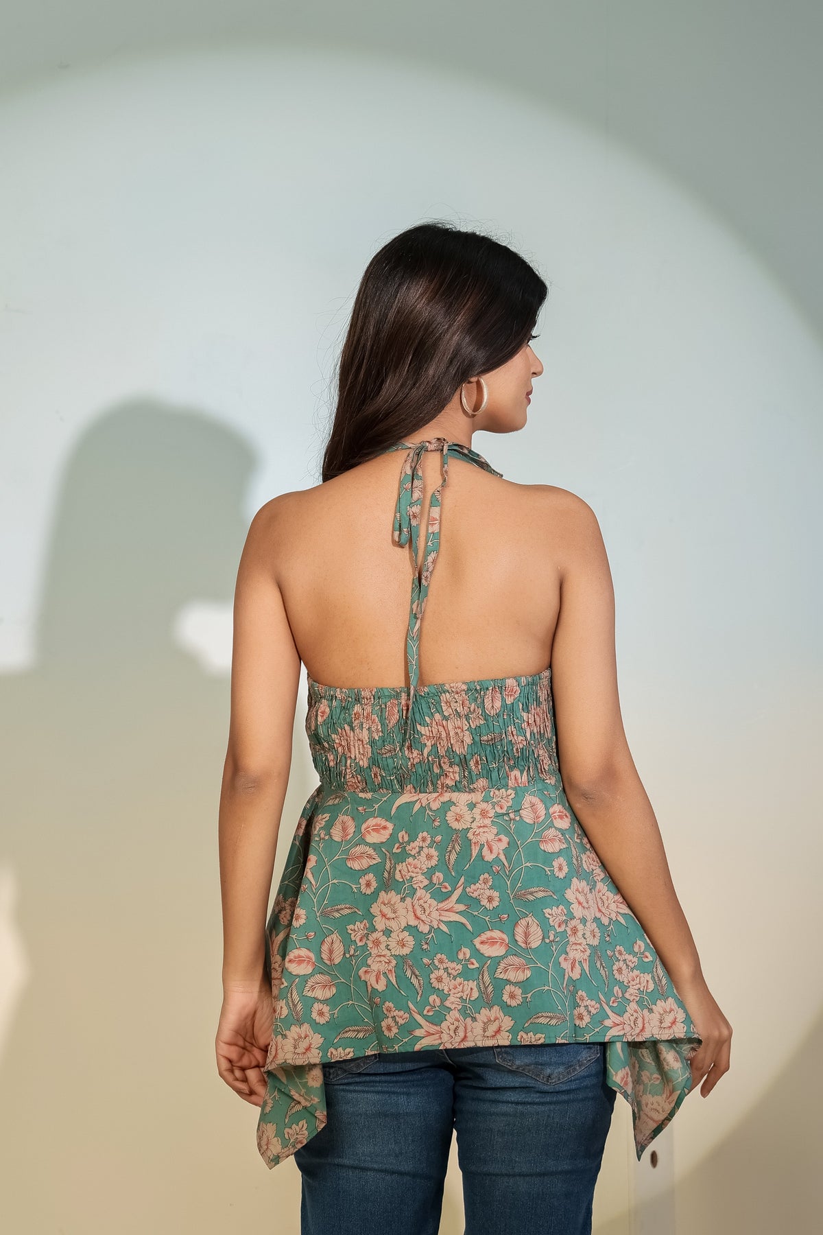 Teal Floral Halter Neck Top