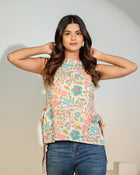 Beige Floral Sleeveless Tie-Up Top
