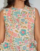 Beige Floral Sleeveless Tie-Up Top