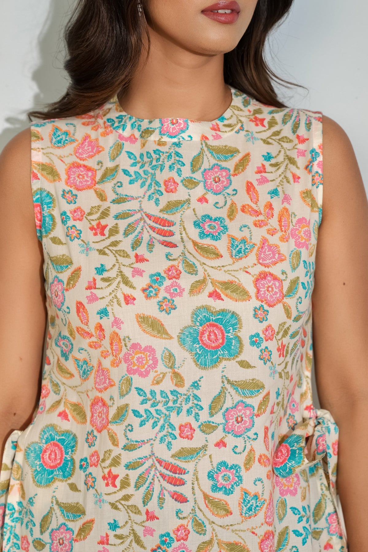 Beige Floral Sleeveless Tie-Up Top
