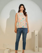 Beige Floral Sleeveless Tie-Up Top