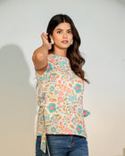 Beige Floral Sleeveless Tie-Up Top