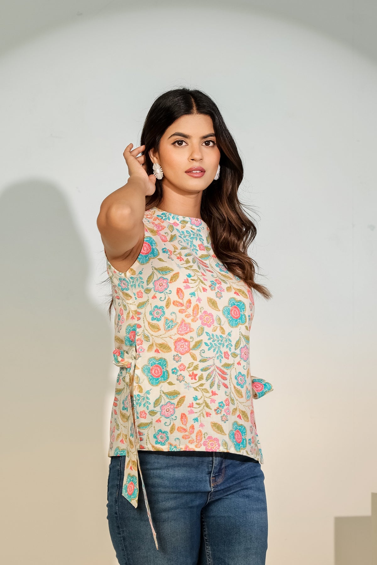 Beige Floral Sleeveless Tie-Up Top