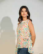 Beige Floral Sleeveless Tie-Up Top