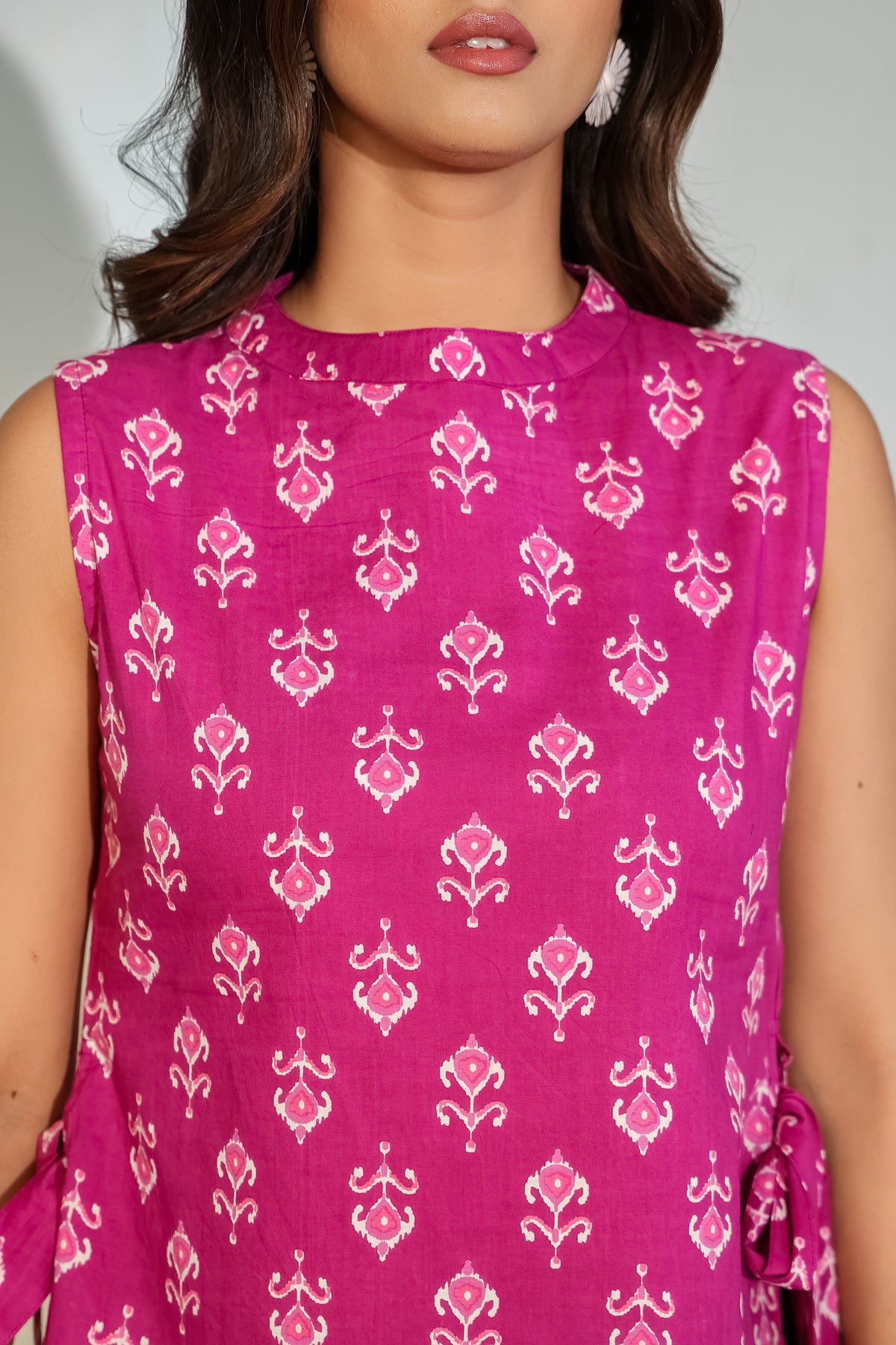 Magenta Printed Sleeveless Tie-Up Top