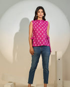 Magenta Printed Sleeveless Tie-Up Top