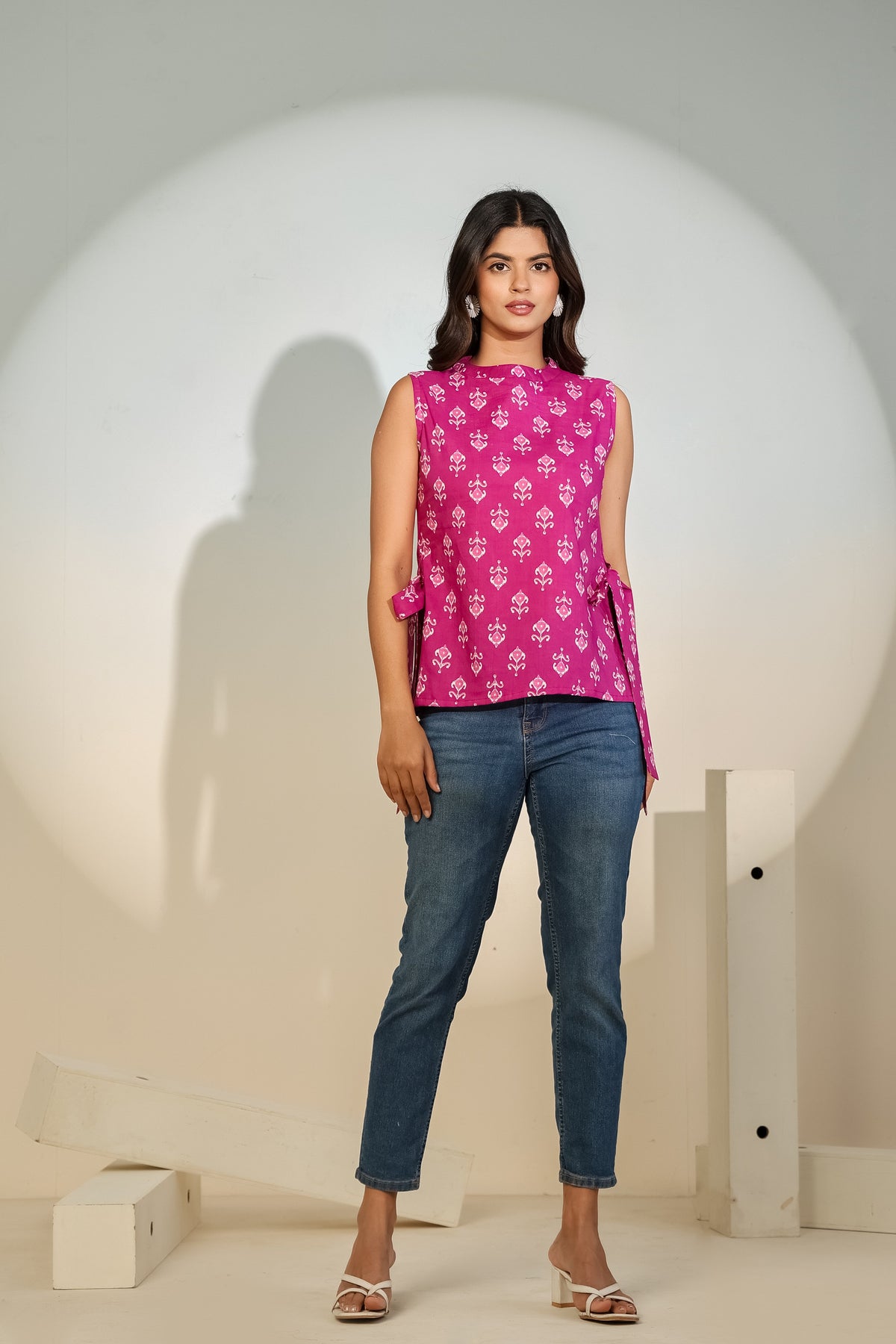 Magenta Printed Sleeveless Tie-Up Top