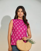 Magenta Printed Sleeveless Tie-Up Top
