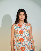 Beige Floral Sleeveless Tie-Up Top