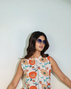 Beige Floral Sleeveless Tie-Up Top