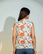 Beige Floral Sleeveless Tie-Up Top