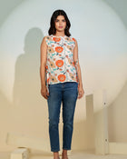 Beige Floral Sleeveless Tie-Up Top