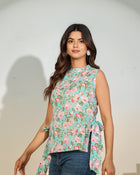 Aqua Floral Sleeveless Tie-Up Top