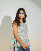 Aqua Floral Sleeveless Tie-Up Top