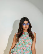 Aqua Floral Sleeveless Tie-Up Top